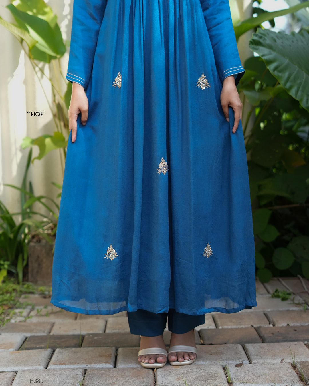 MY HOF Teal Blue Suit Set With Hand Embroidery In Crepe