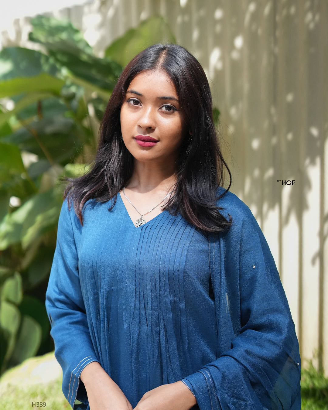 MY HOF Teal Blue Suit Set With Hand Embroidery In Crepe