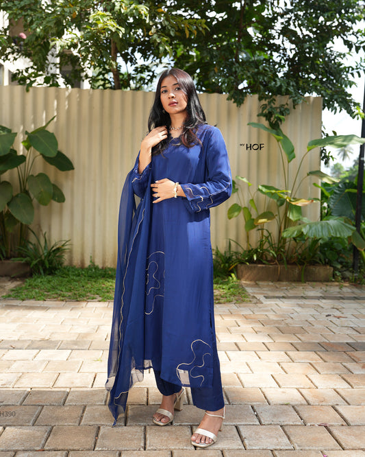 MY HOF Royal Blue Suit Set With Zari Embroidery In Organza
