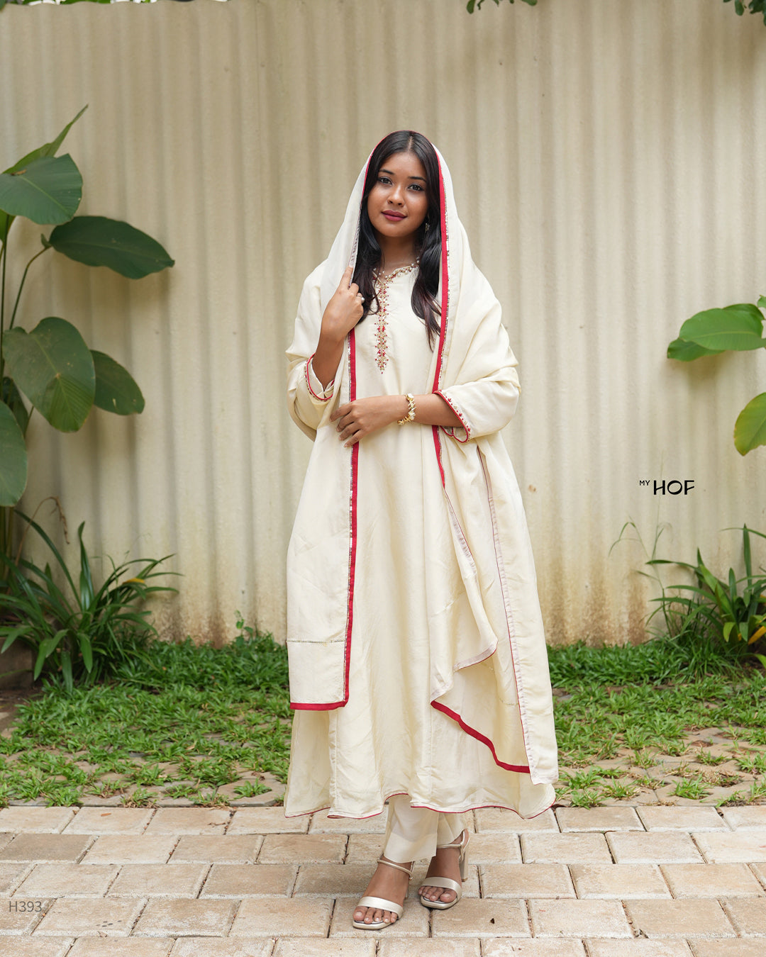 MY HOF Goldish Off White Suit With Hand Embroidery In Tissue Silk