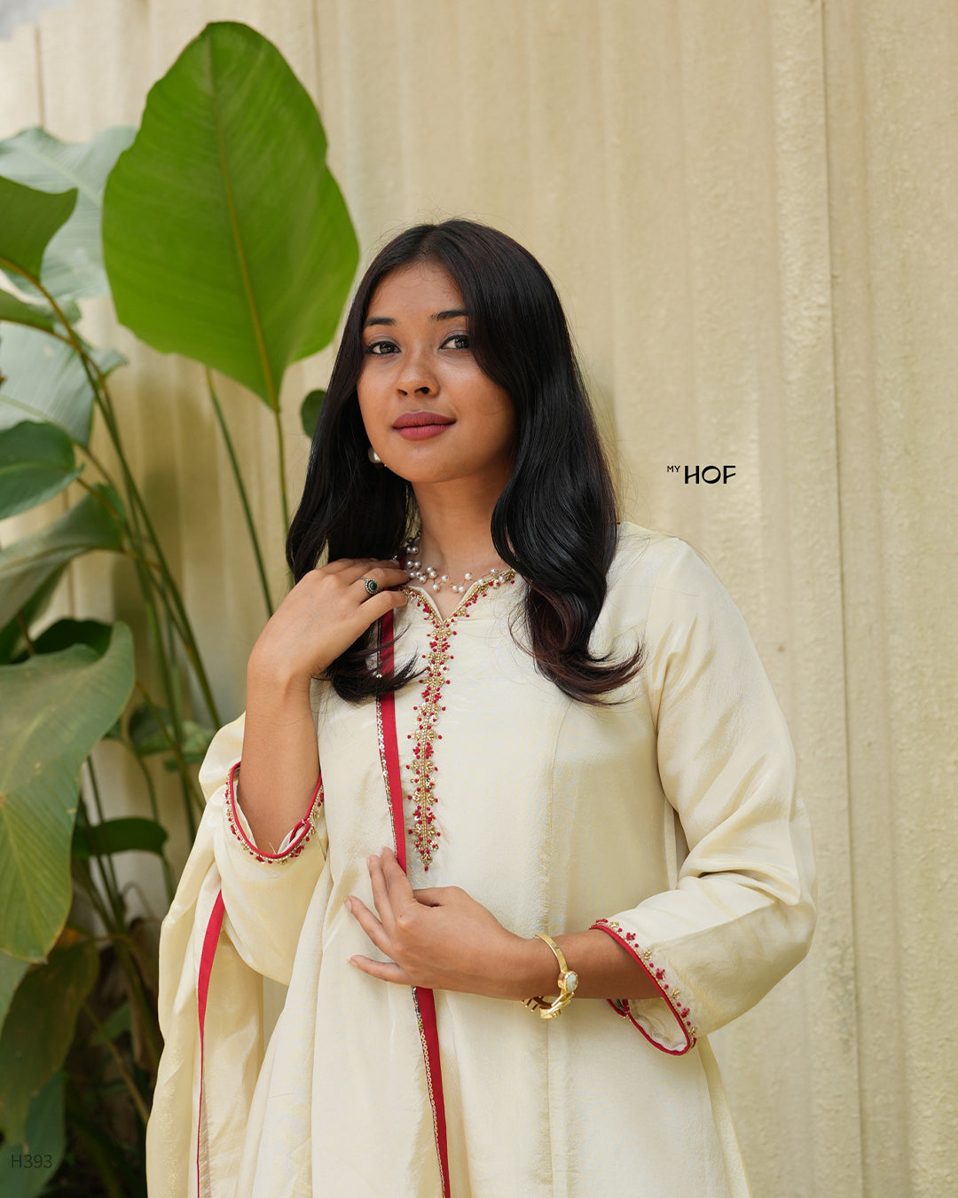 MY HOF Goldish Off White Suit With Hand Embroidery In Tissue Silk