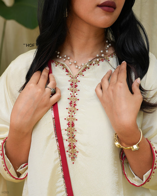 MY HOF Goldish Off White Suit With Hand Embroidery In Tissue Silk
