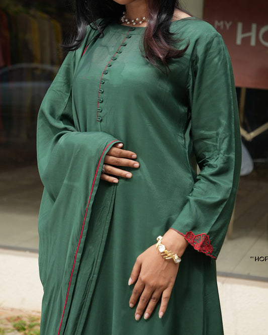 MY HOF Bottle Green Suit Set With Floral Embroidery In Muslin