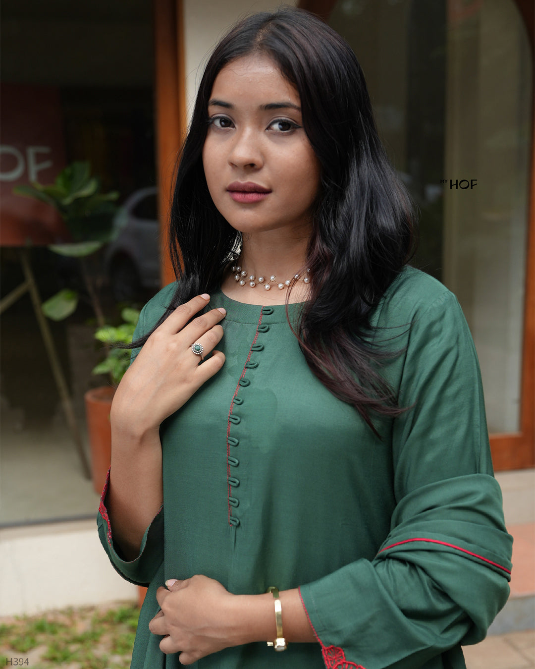 MY HOF Bottle Green Suit Set With Floral Embroidery In Muslin