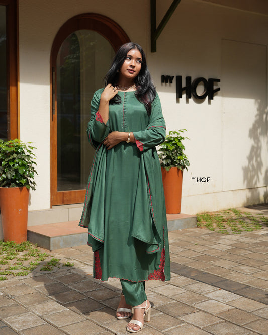 MY HOF Bottle Green Suit Set With Floral Embroidery In Muslin