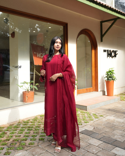 MY HOF Maroon Suit Set With Floral Embroidery In Organza