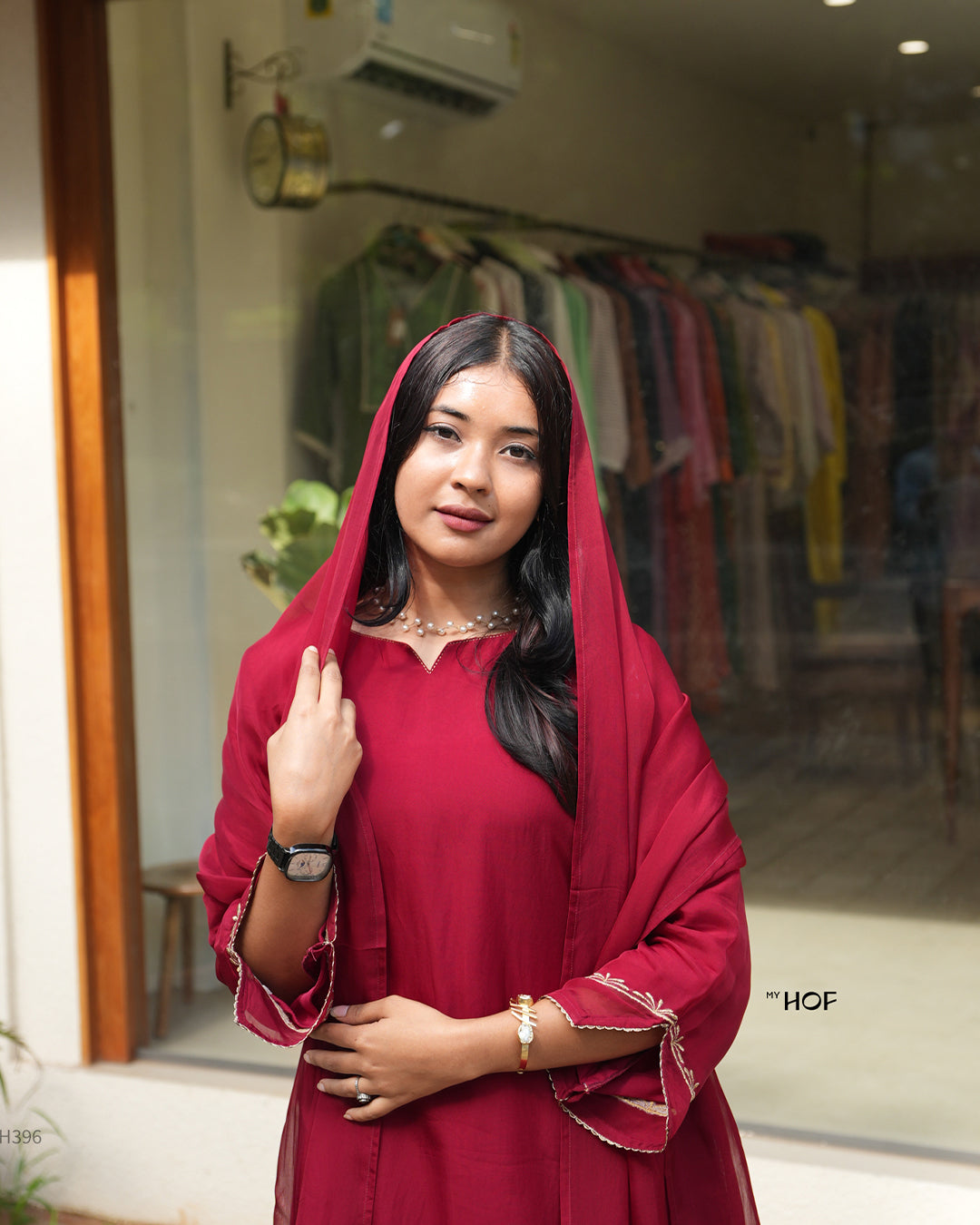 MY HOF Maroon Suit Set With Floral Embroidery In Organza