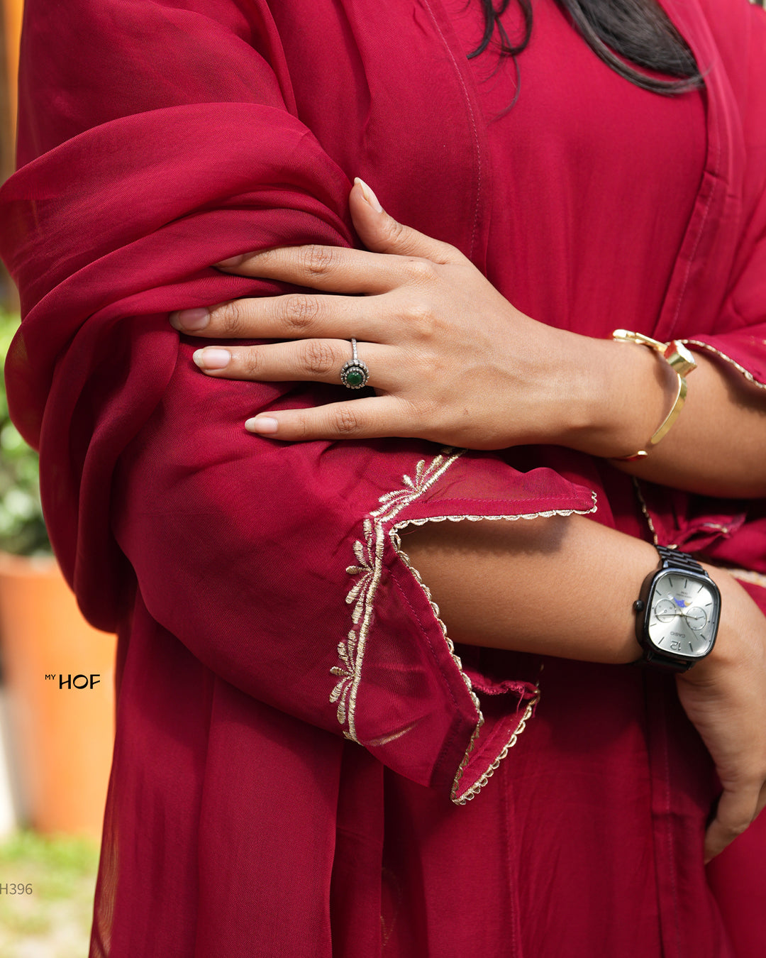 MY HOF Maroon Suit Set With Floral Embroidery In Organza