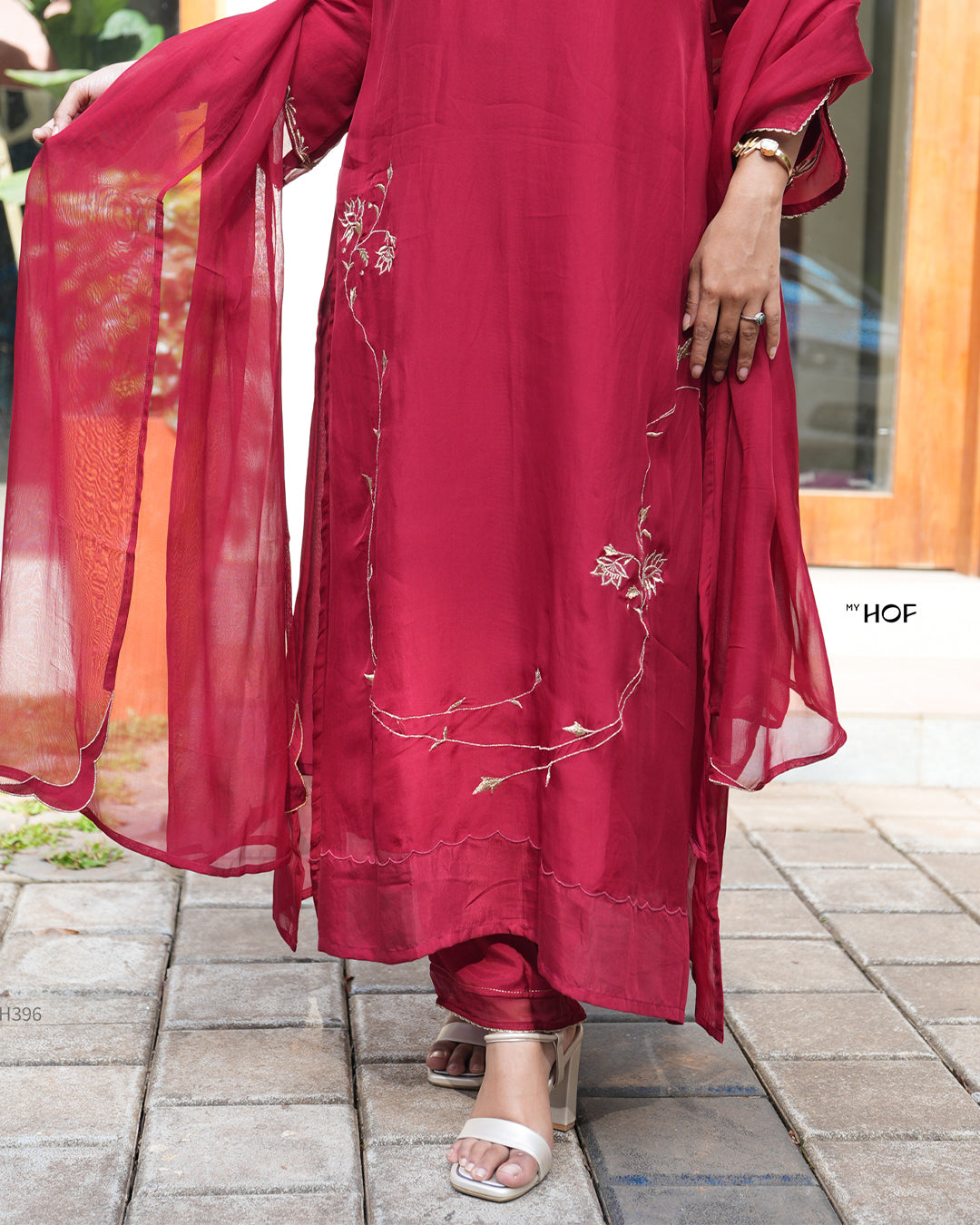 MY HOF Maroon Suit Set With Floral Embroidery In Organza