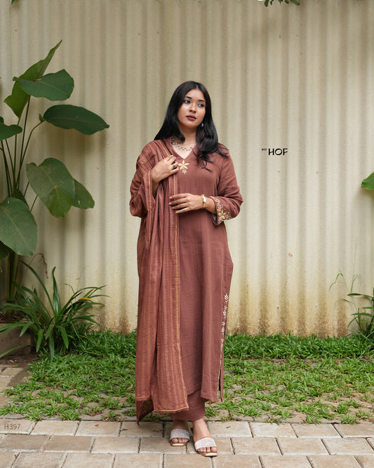 MY HOF Brown Suit Set With Floral Embroidery In Cotton