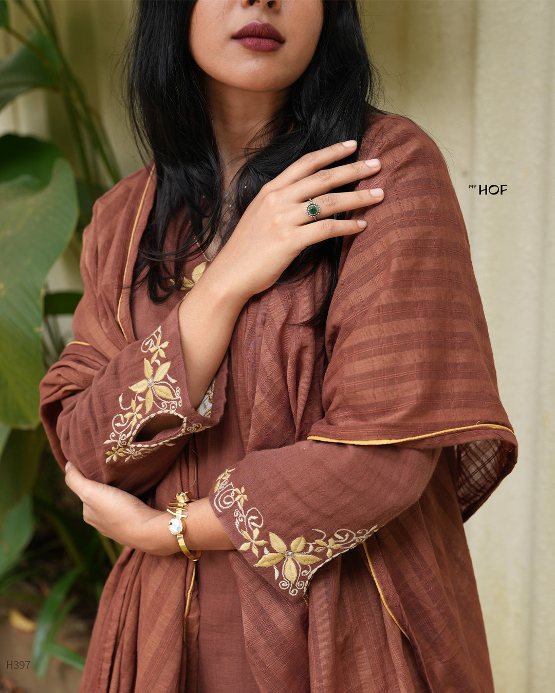 MY HOF Brown Suit Set With Floral Embroidery In Cotton