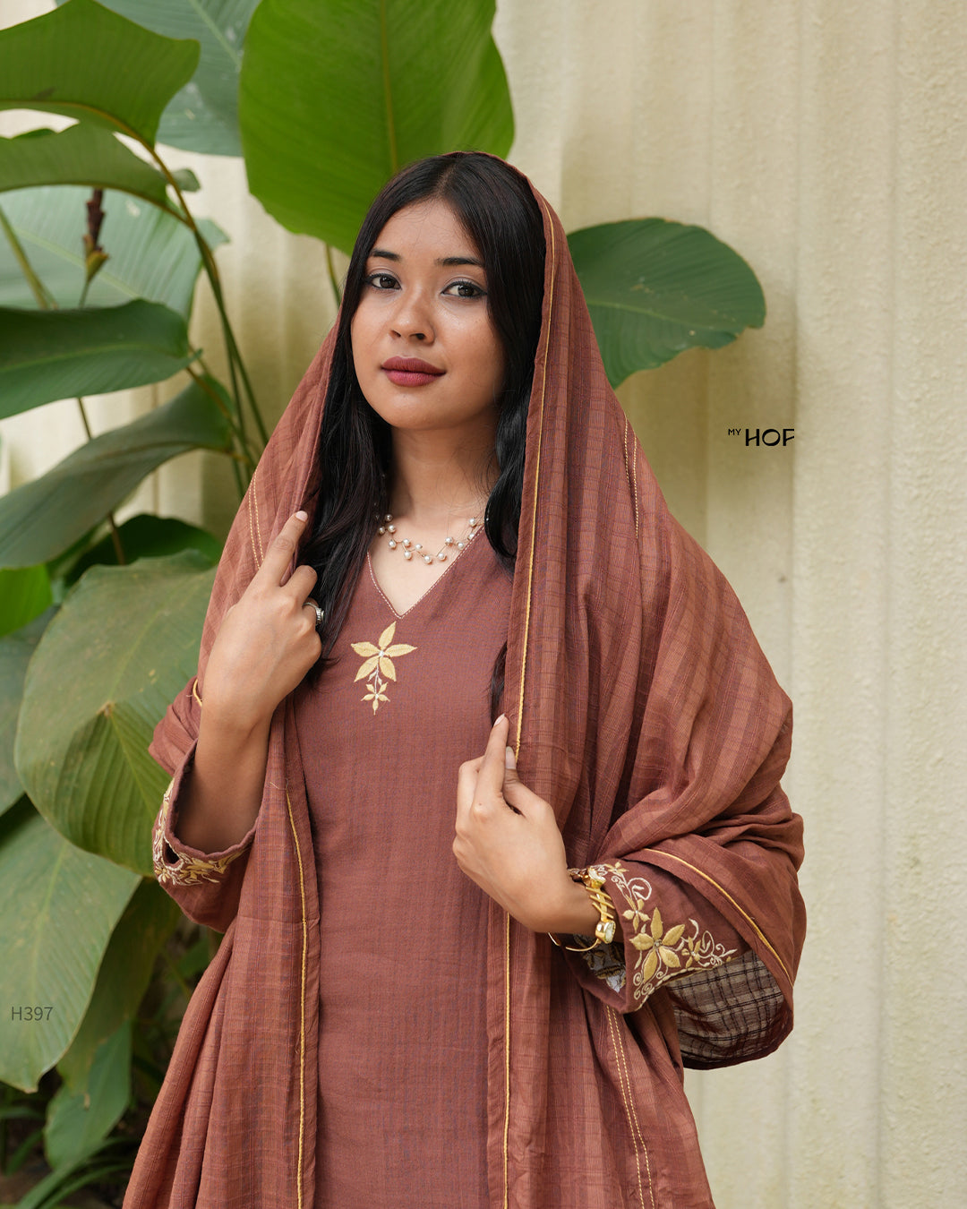 MY HOF Brown Suit Set With Floral Embroidery In Cotton