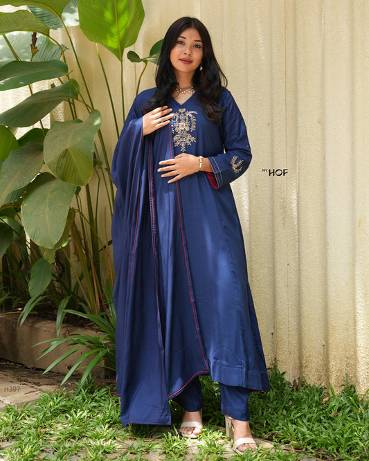 MY HOF Royal Blue Suit Set With hand Embroidery In Muslin