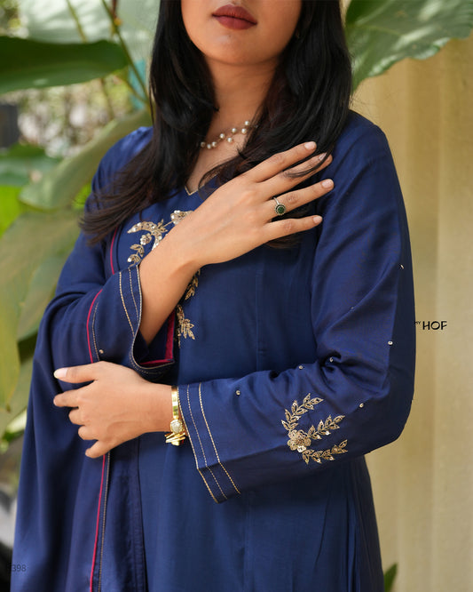 MY HOF Royal Blue Suit Set With hand Embroidery In Muslin