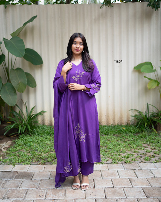 MY HOF Purple Suit Set With Zari Floral Embroidery In Mulsin