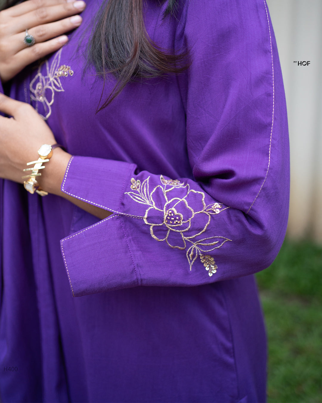 MY HOF Purple Suit Set With Zari Floral Embroidery In Mulsin