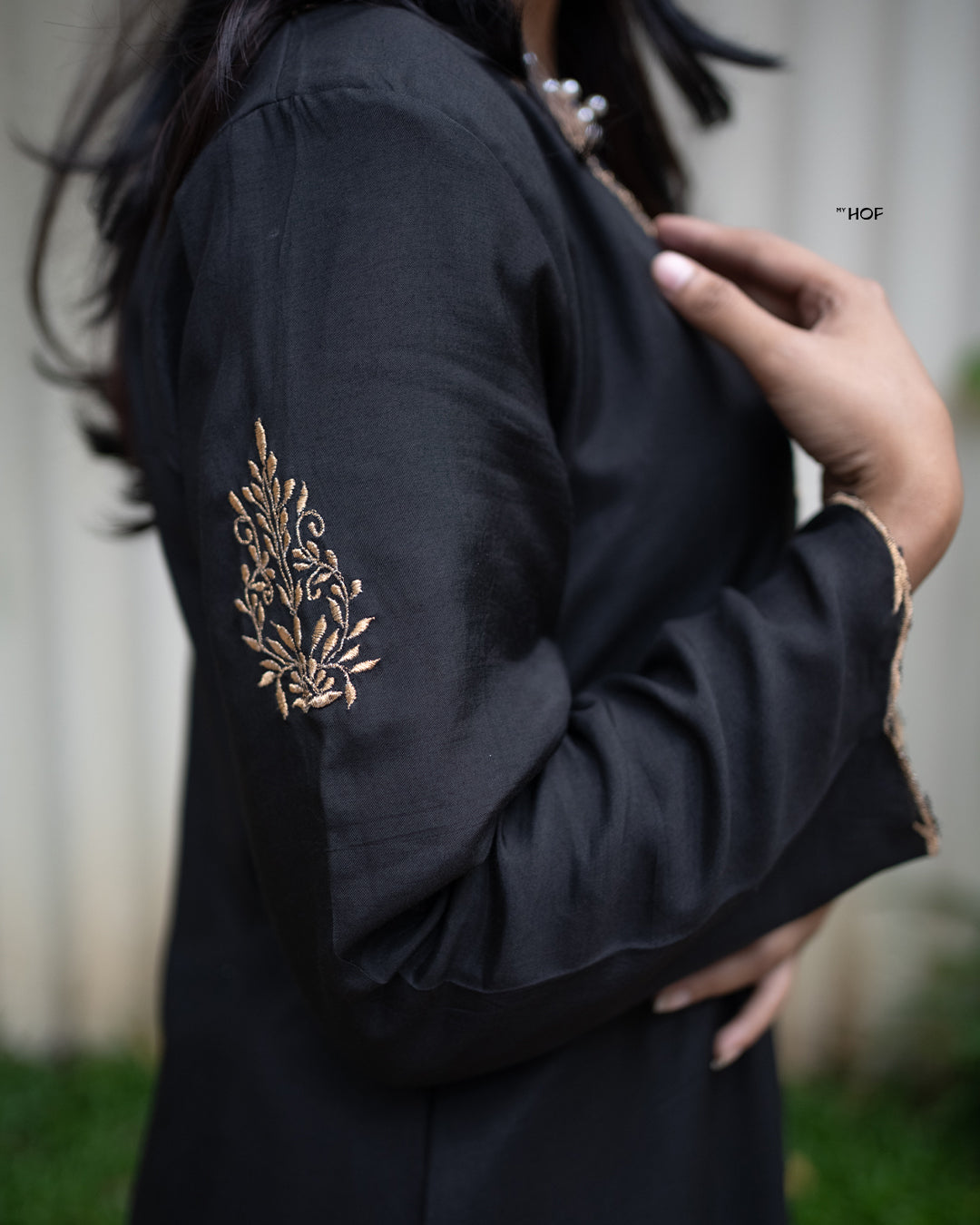 MY HOF Black Suit Set With Zari Embroidery In Muslin