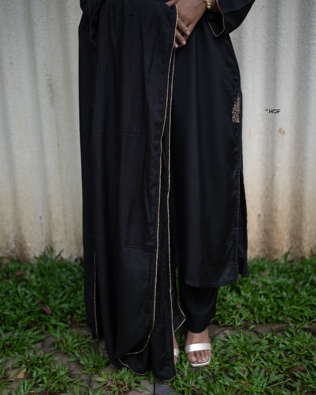 MY HOF Black Suit Set With Zari Embroidery In Muslin