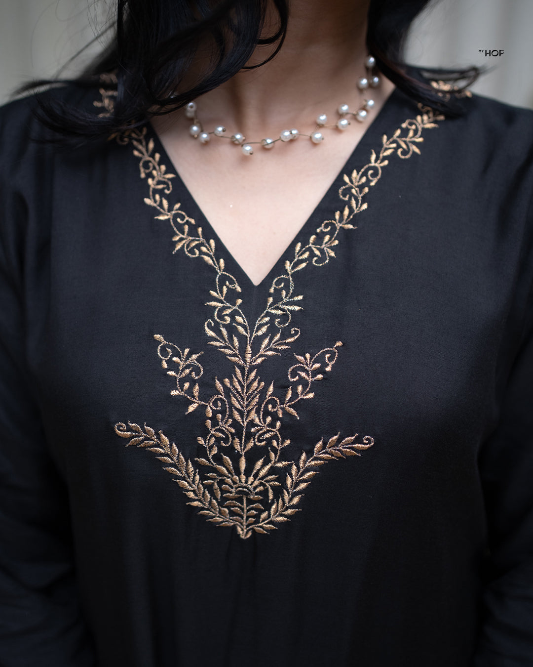 MY HOF Black Suit Set With Zari Embroidery In Muslin