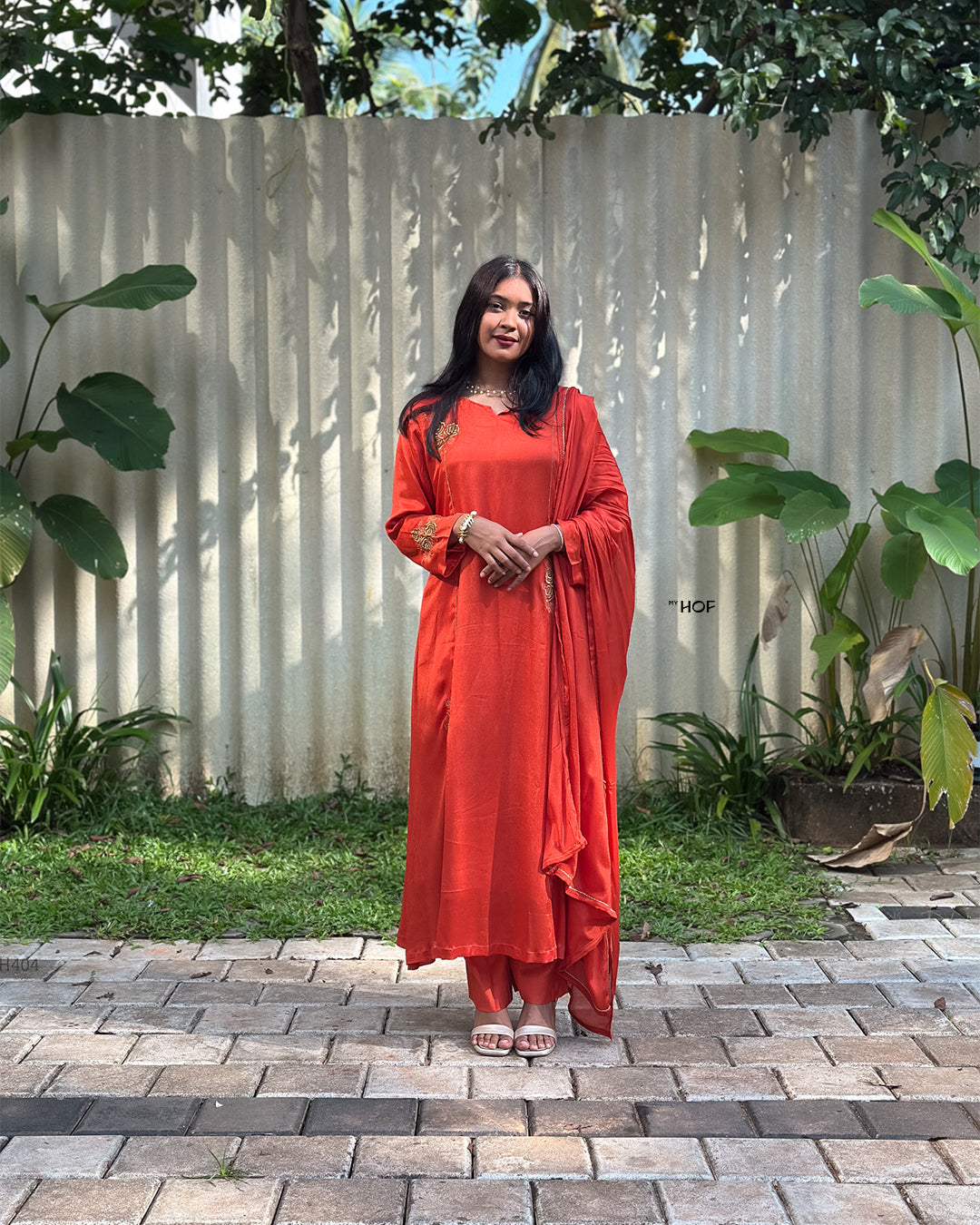 MY HOF Rust Orange Suit Set With Zari Embroidery In Crepe