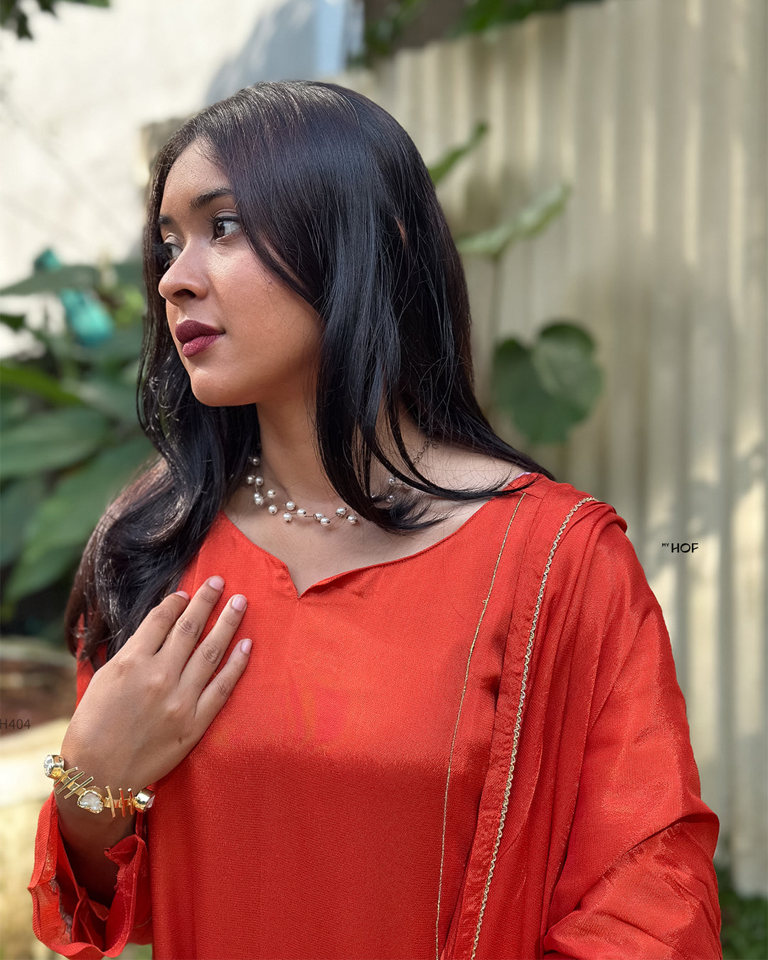 MY HOF Rust Orange Suit Set With Zari Embroidery In Crepe