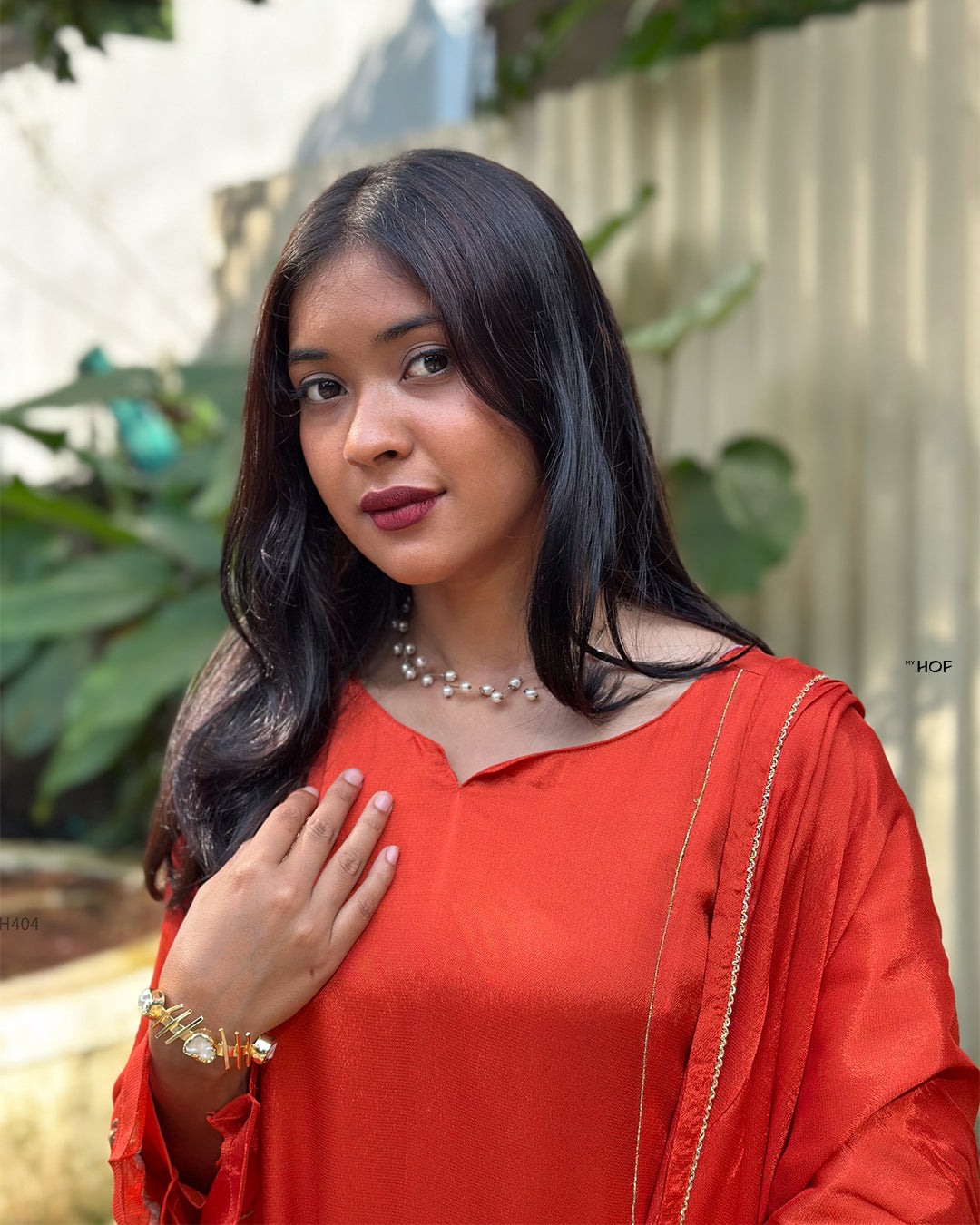 MY HOF Rust Orange Suit Set With Zari Embroidery In Crepe