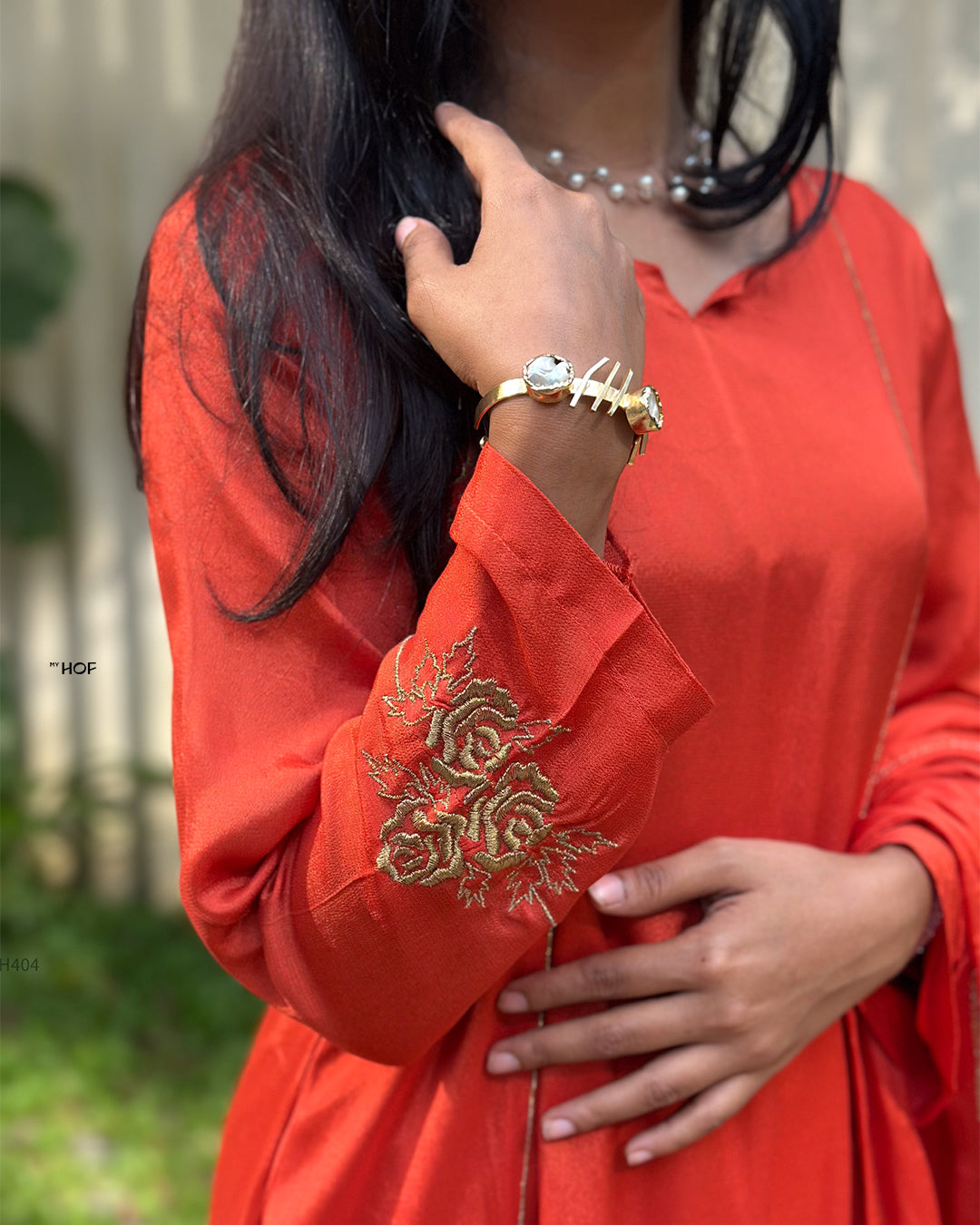 MY HOF Rust Orange Suit Set With Zari Embroidery In Crepe