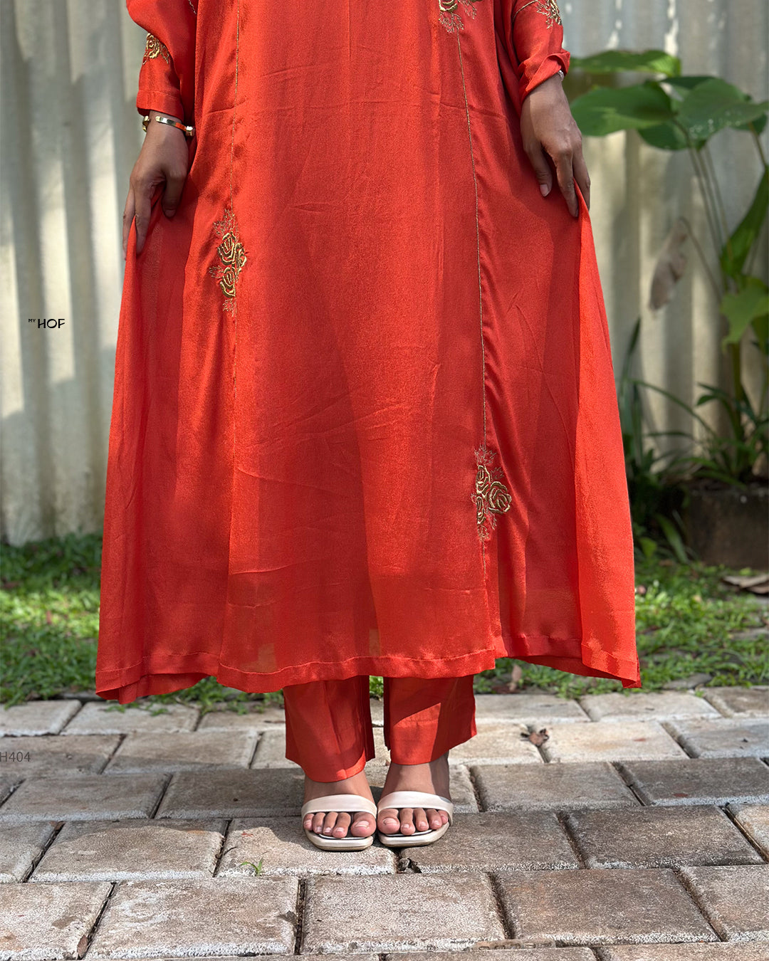 MY HOF Rust Orange Suit Set With Zari Embroidery In Crepe