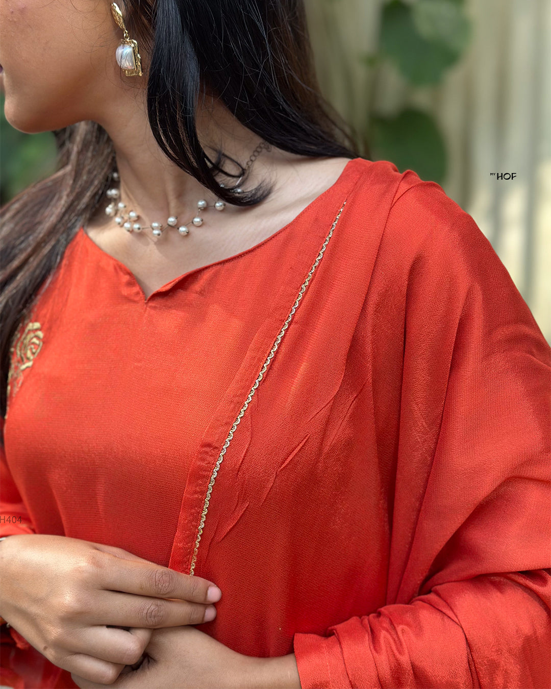 MY HOF Rust Orange Suit Set With Zari Embroidery In Crepe