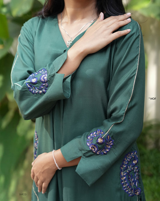 MY HOF  Bottle Green suit set In Muslin Silks