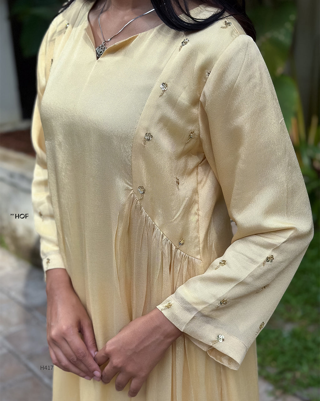 MY HOF Golden Beige Suit Set With Hand Embroidery In Crepe