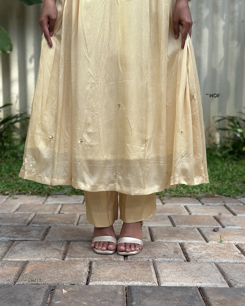 MY HOF Golden Beige Suit Set With Hand Embroidery In Crepe