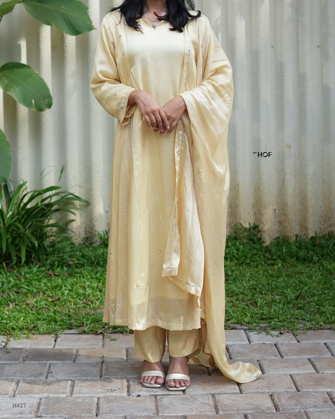 MY HOF Golden Beige Suit Set With Hand Embroidery In Crepe