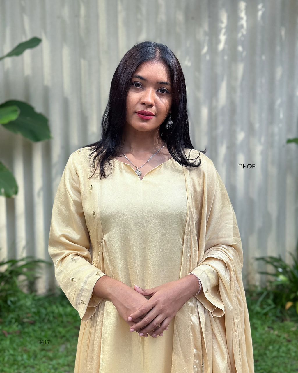 MY HOF Golden Beige Suit Set With Hand Embroidery In Crepe