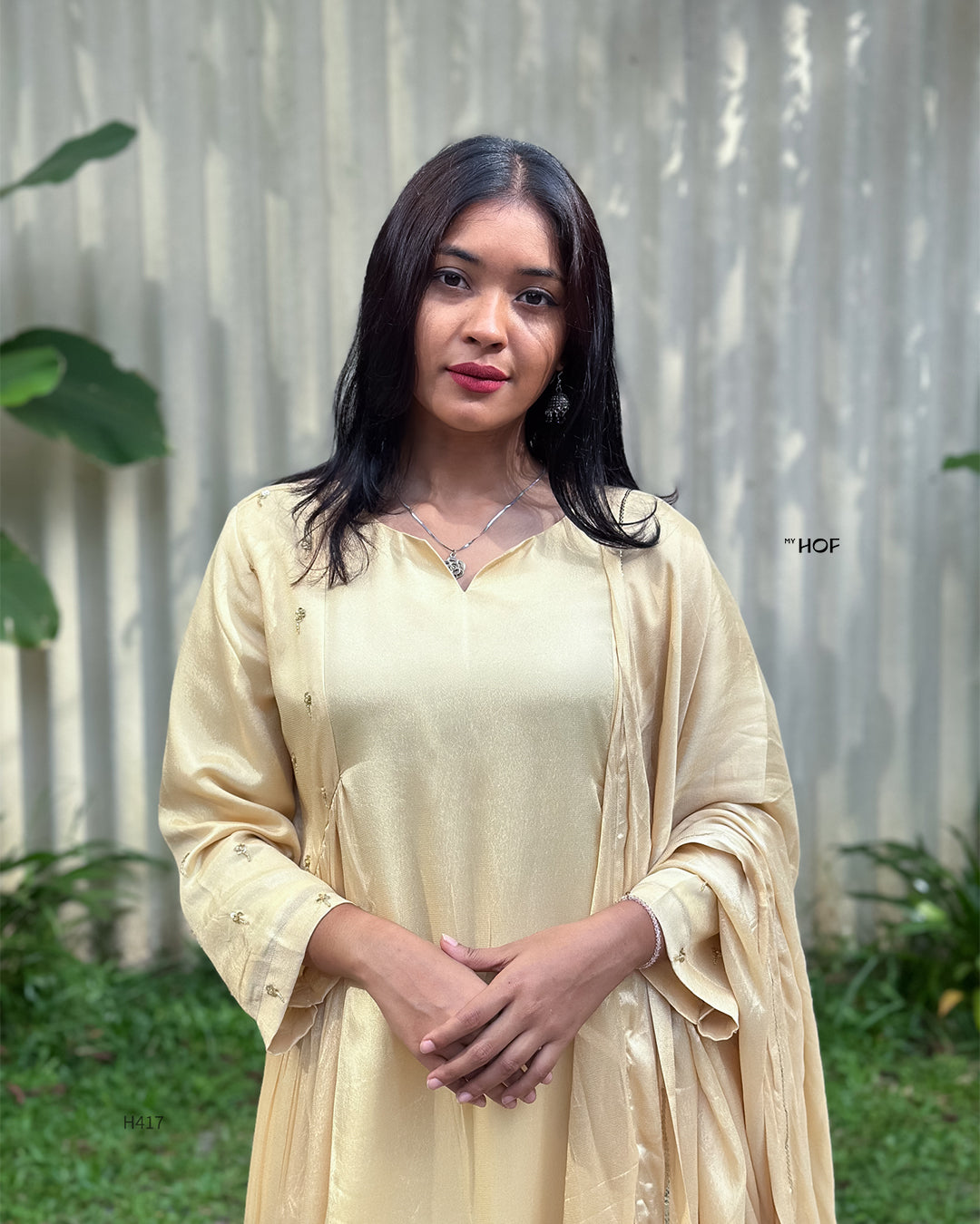 MY HOF Golden Beige Suit Set With Hand Embroidery In Crepe