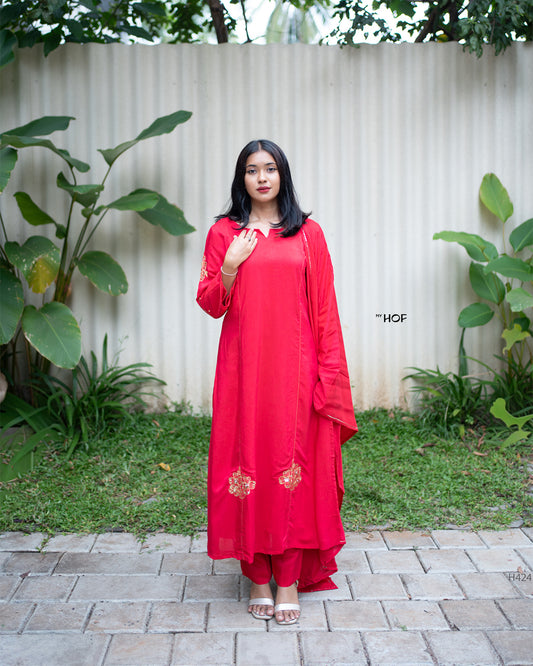 MY HOF Rani Red Suit Set With Hand Embroidery In Muslin