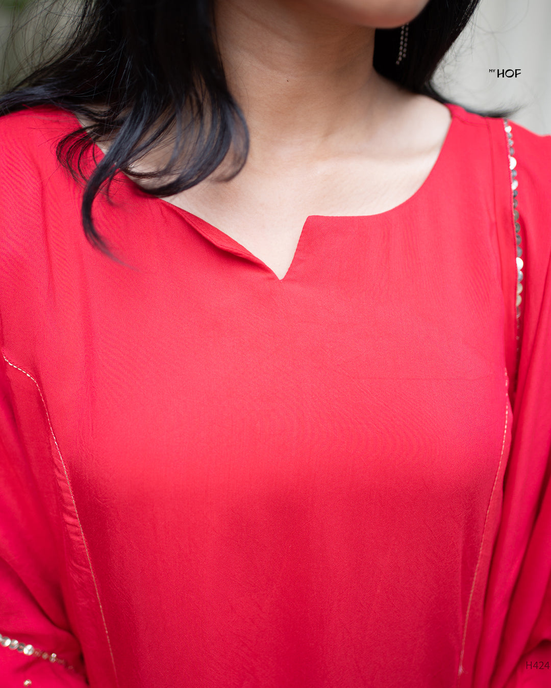 MY HOF Rani Red Suit Set With Hand Embroidery In Muslin