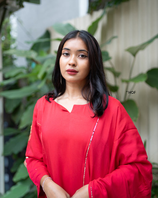 MY HOF Rani Red Suit Set With Hand Embroidery In Muslin