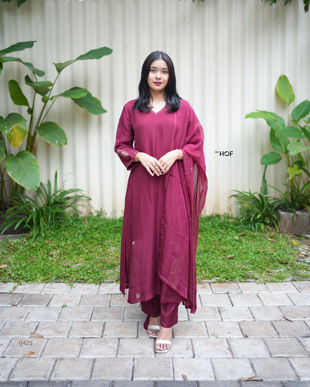 MY HOF Deep Maroon Suit Set With Zari Embroidery In Organza