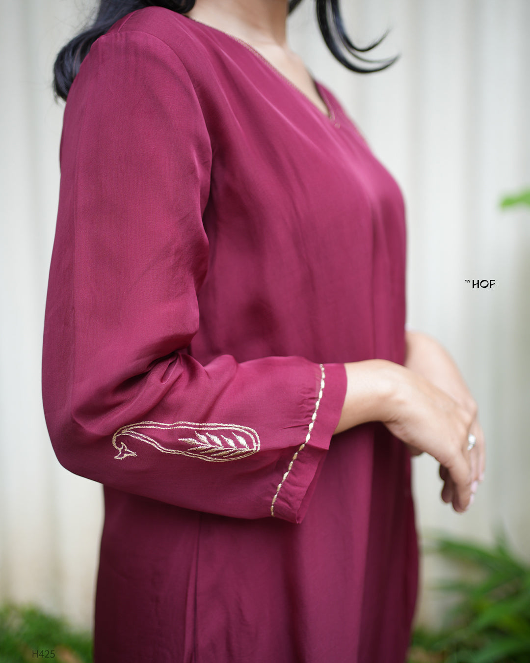 MY HOF Deep Maroon Suit Set With Zari Embroidery In Organza