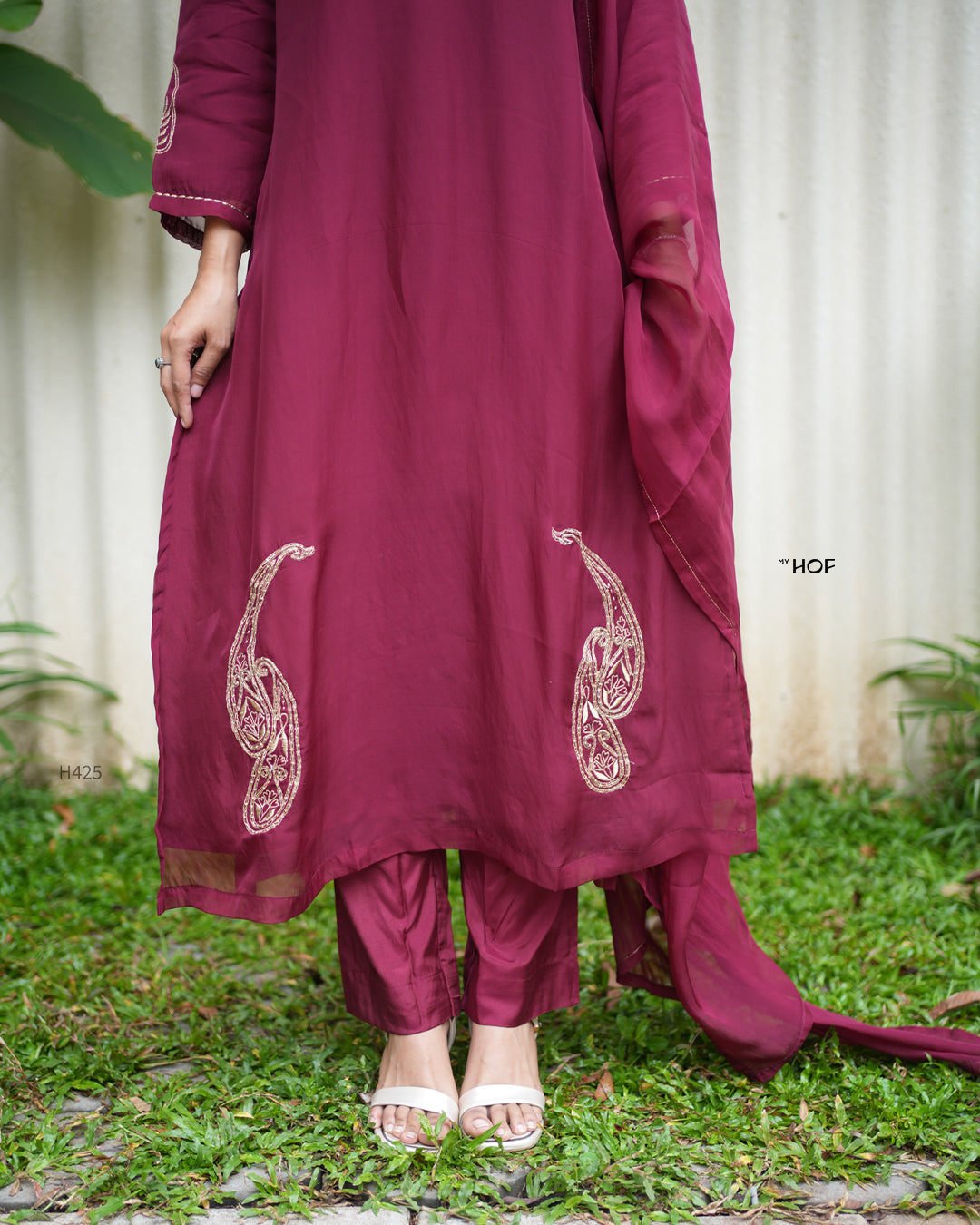 MY HOF Deep Maroon Suit Set With Zari Embroidery In Organza