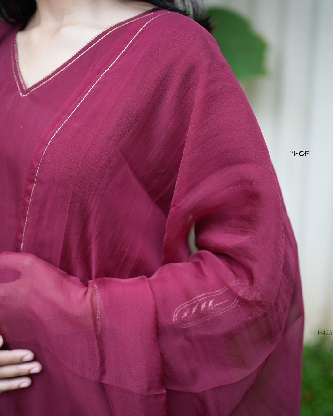 MY HOF Deep Maroon Suit Set With Zari Embroidery In Organza