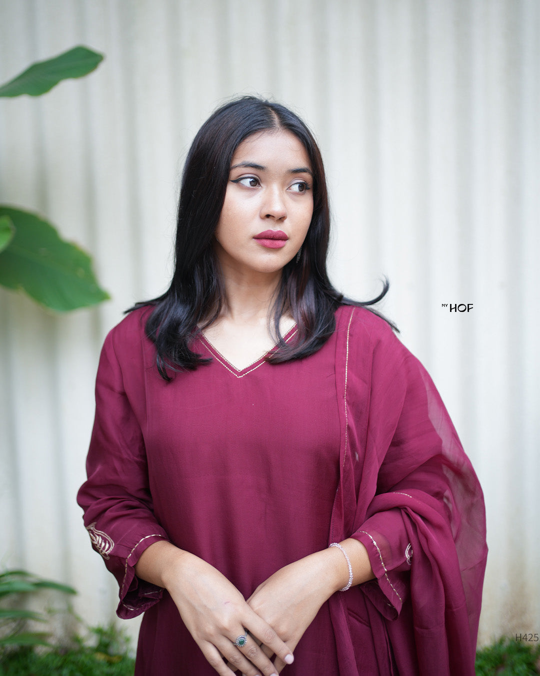 MY HOF Deep Maroon Suit Set With Zari Embroidery In Organza