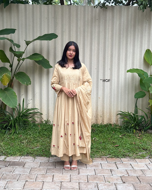 MY HOF Beige Suit Set With Floral Embroidery In Cotton
