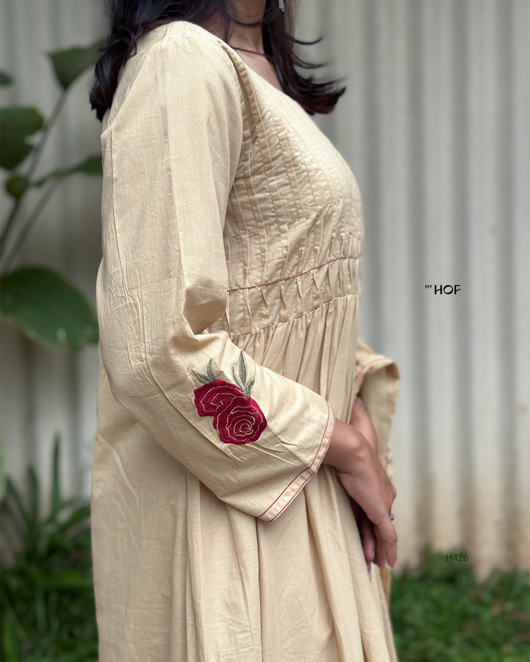 MY HOF Beige Suit Set With Floral Embroidery In Cotton