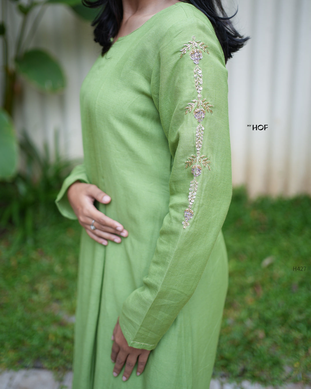 MyHof Green Suit Set Hand Embroidery In Linen