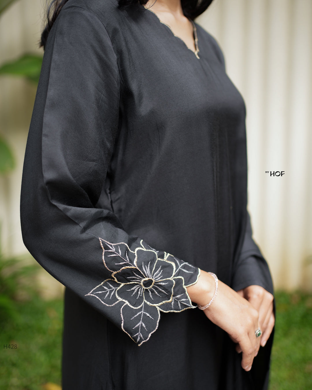My HOF Black Suit Set With Zari Floral Embroidery In Muslin