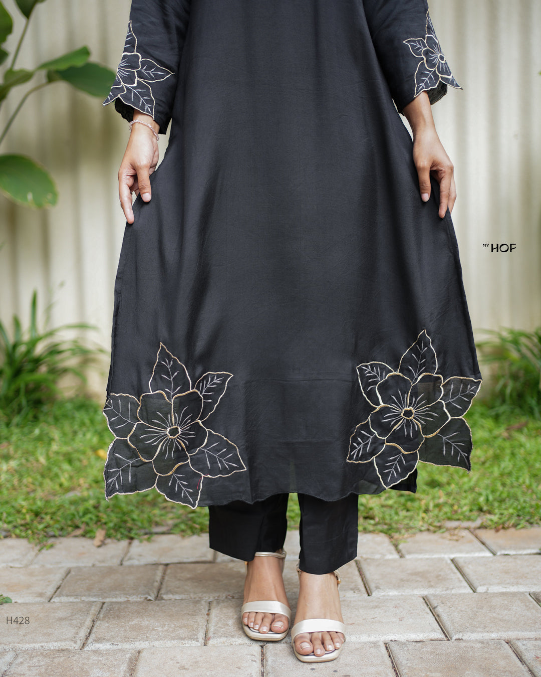 My HOF Black Suit Set With Zari Floral Embroidery In Muslin