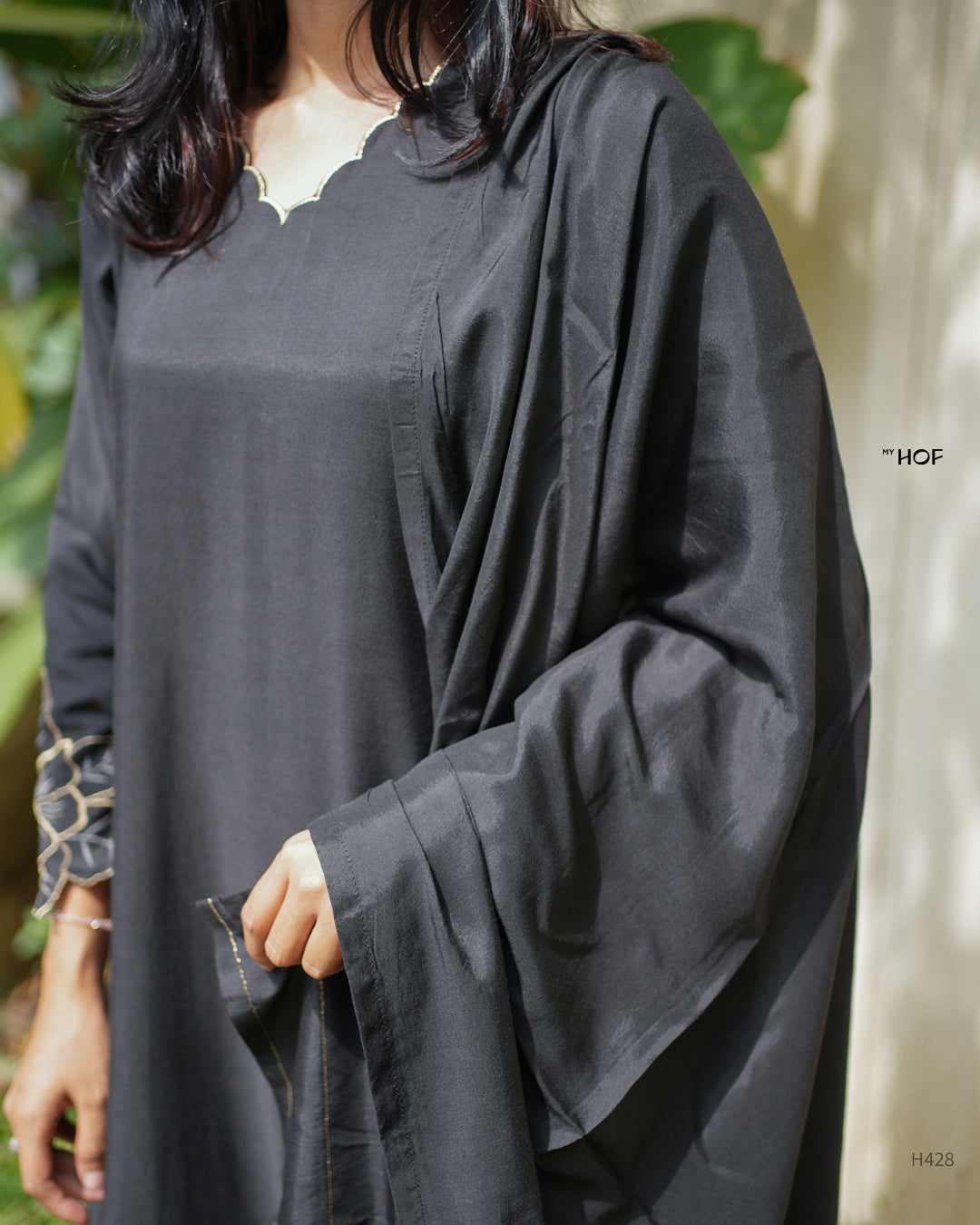 My HOF Black Suit Set With Zari Floral Embroidery In Muslin