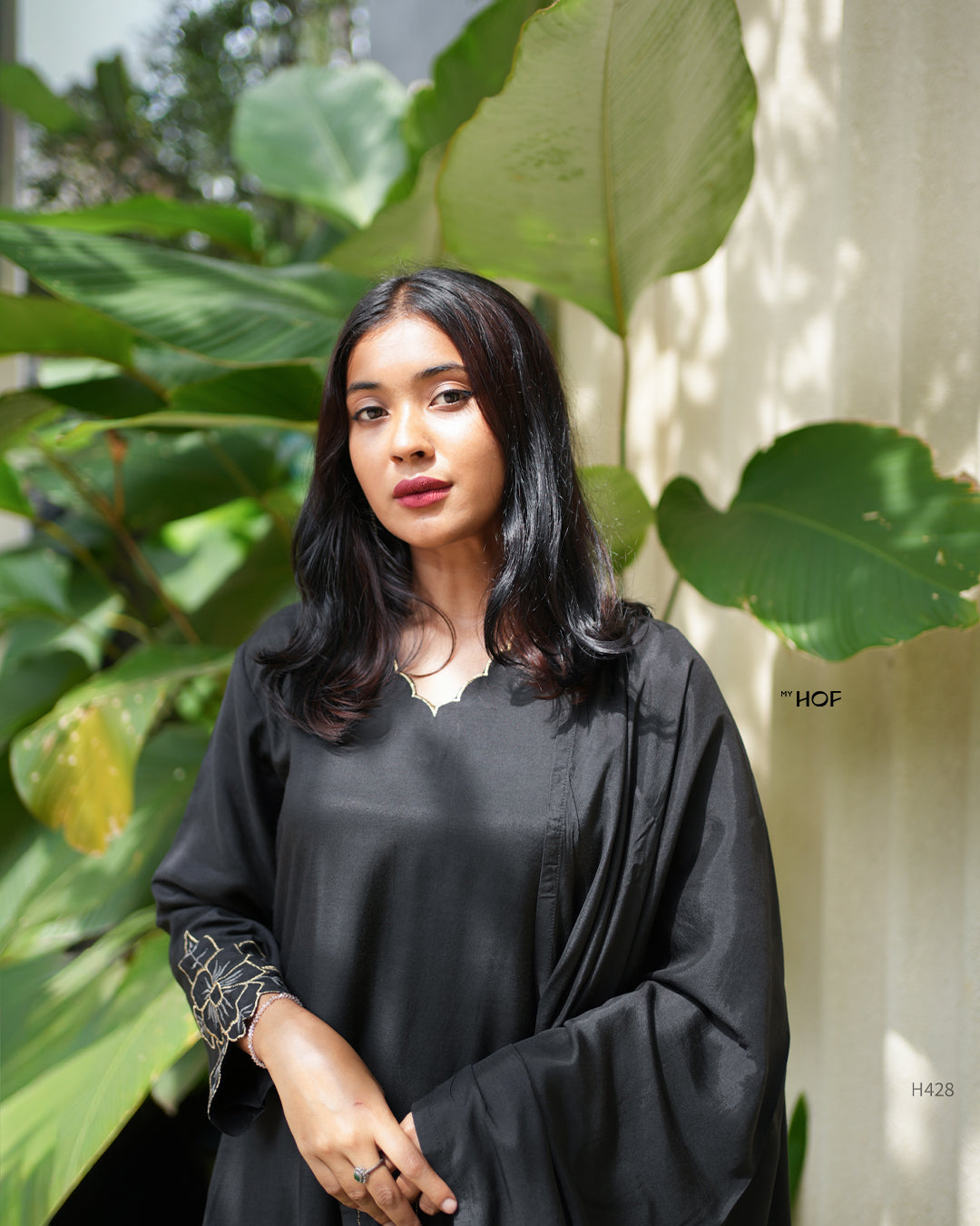 My HOF Black Suit Set With Zari Floral Embroidery In Muslin